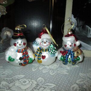 Vintage Pearly Heart Snowmen Ornaments